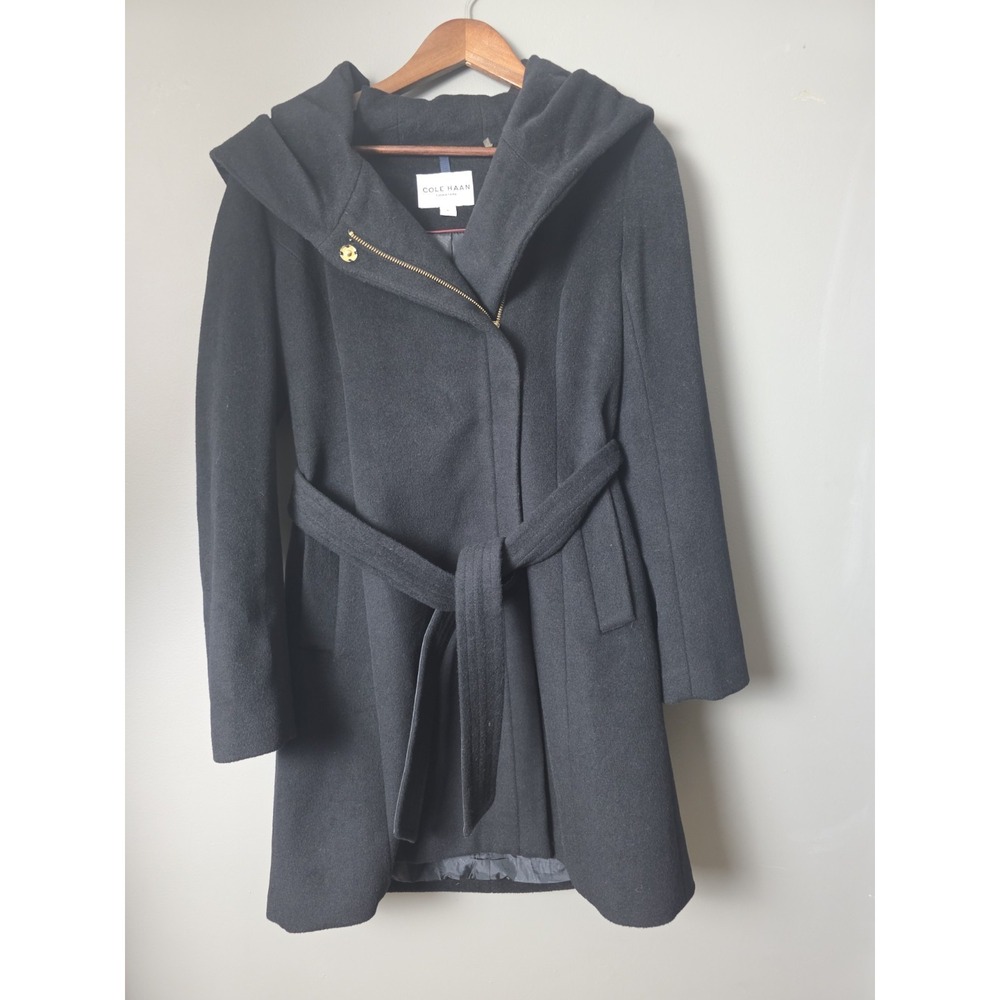Cole & Haan Signature Black Asymmetrical Wool Blend Belted Hooded Coat Womens 6